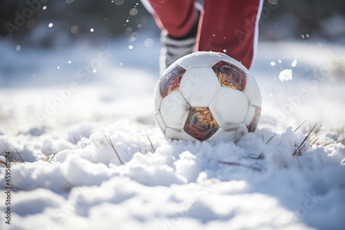 Foot on soccer ball at snow field. Training skill. Generate Ai © nsit0108