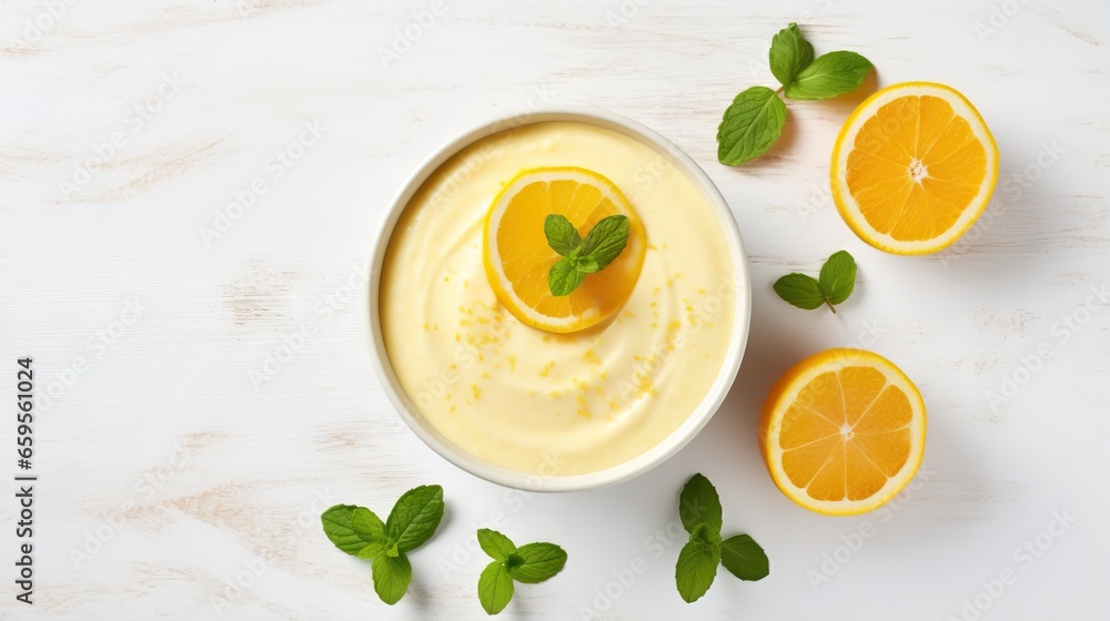 a white bowl filled with oranges and mint on top of a table. generative ai a white bowl filled with oranges and mint on top of a table. generative ai