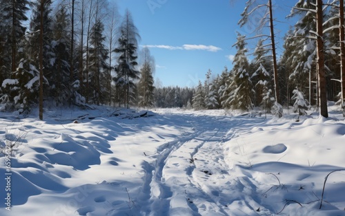 Large snow glade in winter forest