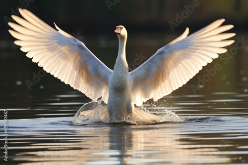 Fototapeta Naklejka Na Ścianę i Meble -  white swan on a lake, flapping wings aggressively