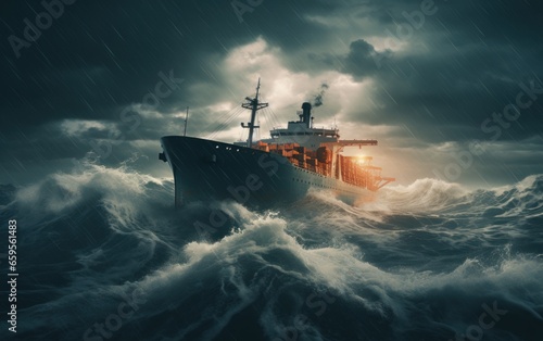 a sea container ship sails through a storm in the ocean