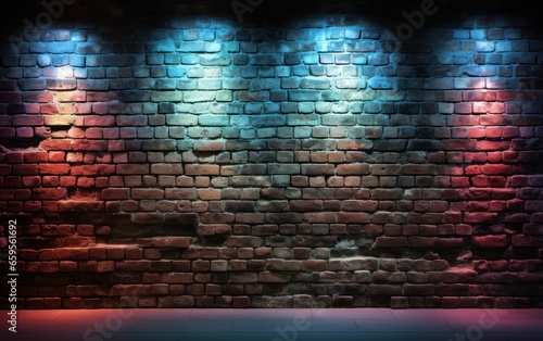 Modern futuristic neon lights on old grunge brick wall room background