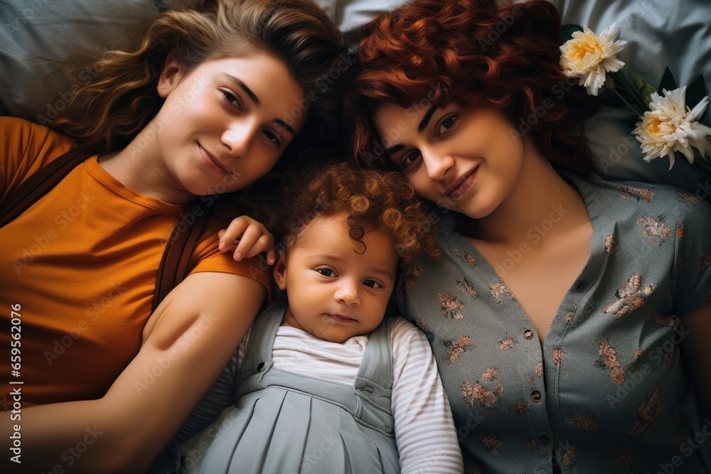 high angle view of loving lesbian mothers holding son's hands while lying on bed at home