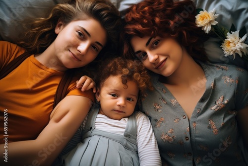 high angle view of loving lesbian mothers holding son's hands while lying on bed at home