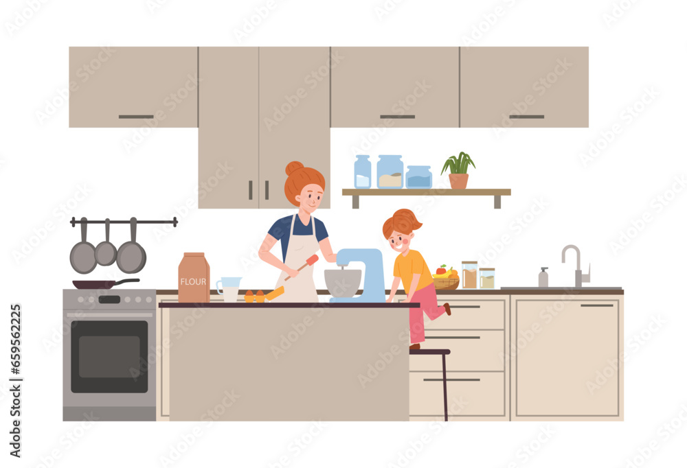 Woman and girl at kitchen bake cake, beat the ingredients in mixer, vector family enjoying cooking at home together Woman and girl at kitchen bake cake, beat the ingredients in mixer, vector family enjoying cooking at home together