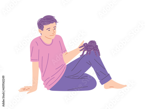 Man plays with exotic spider as with pet, flat vector illustration isolated.