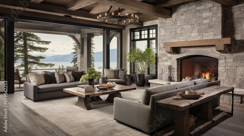 Embrace rustic charm in the living room with a stone fireplace and wooden beams. © ZUBI CREATIONS