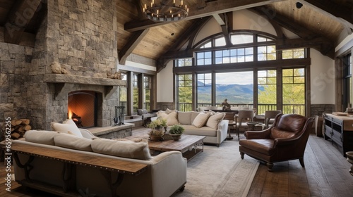 Embrace rustic charm in the living room with a stone fireplace and wooden beams.