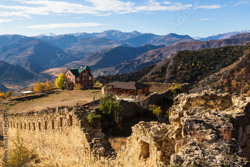 Ruins of Gunibsky fortress. Protective wall and gates of Gunib. Russia, Republic of Dagestan. photo