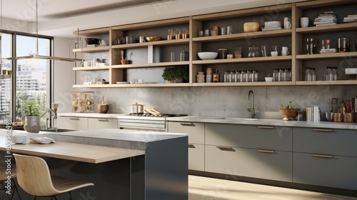 A contemporary kitchen with open shelving and a dedicated built-in coffee station.