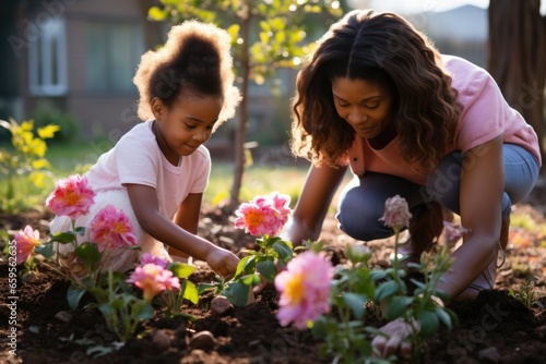 African american mother assisting daughter in planting pink flowers in dirt on field at backyard