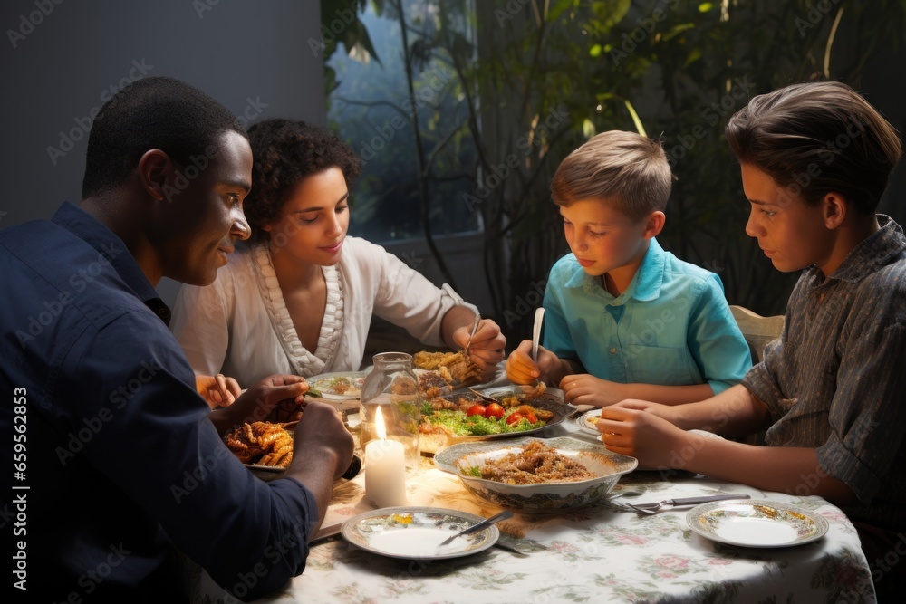family including boy (6-7) eating dinner