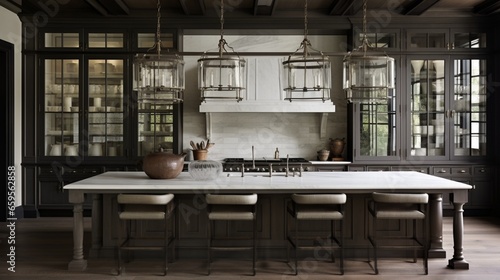A refined kitchen with cabinets showcasing glass fronts and understated hardware. © ZUBI CREATIONS