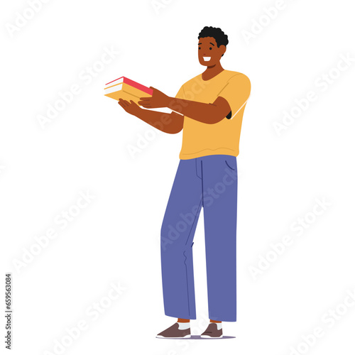 Black Smiling Male Character Stands Tall, Clutching A Stack Of Books, His Posture Exudes Knowledge, Vector Illustration