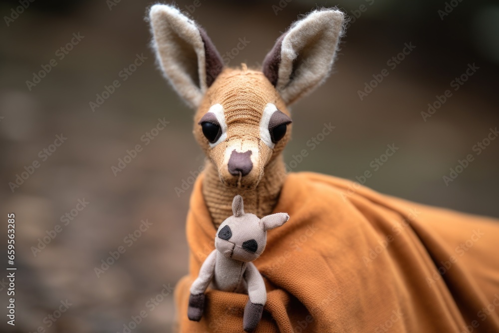 a kangaroo toy holding a tiny stuffed joey in its pouch - obrazy, fototapety, plakaty 