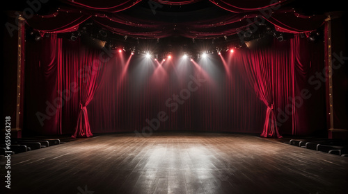 The red curtains of the stage are opening for the theater show. photo