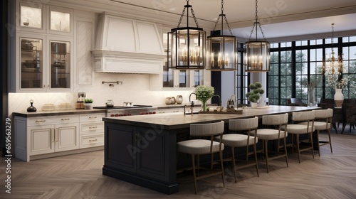 A gourmet kitchen centered around a stylish island and adorned with modern pendant lights.