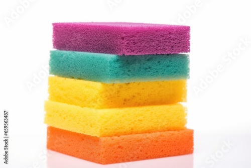 colorful sponges stacked on a white background