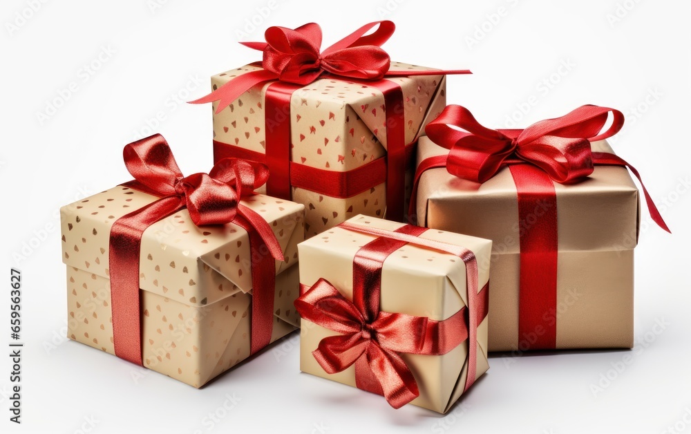 Fototapeta premium Gift boxes with the red ribbons in eco paper isolated on the white background