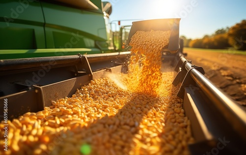 Harvester pouring freshly harvested corn maize seeds or soybeans into container trailer near, closeup detail, afternoon sunshine