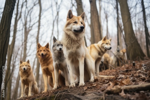 pack of wolves in a forest at daytime