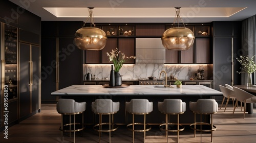 A luxurious kitchen with a trendy breakfast bar and statement pendant lighting.