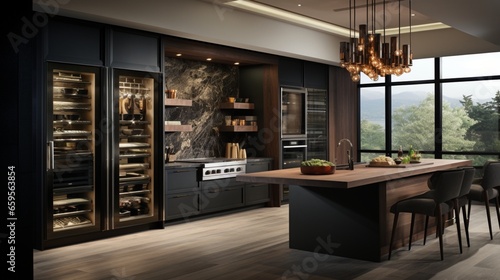 A luxury culinary haven showcasing a concealed pantry and top-of-the-line appliances.