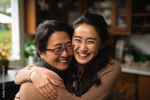 happy senior asian woman at home with adult daughter embracing © Tisha