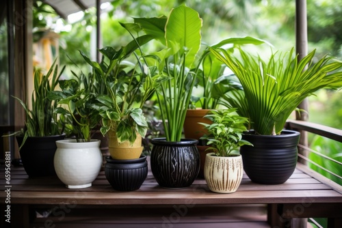squat  ceramic plant pots with tropical plants on a wooden deck