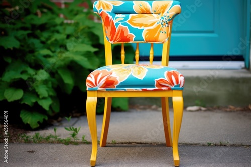 an old chair repainted and reupholstered in bright fabric photo