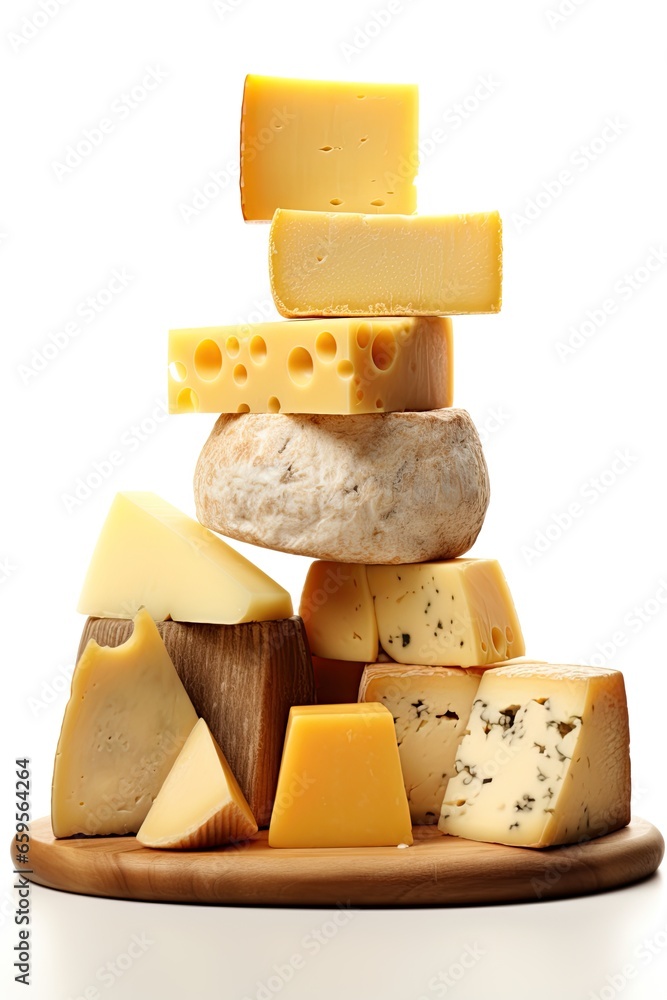 Fototapeta premium Chesse variety isolated on white background. Ai Generative