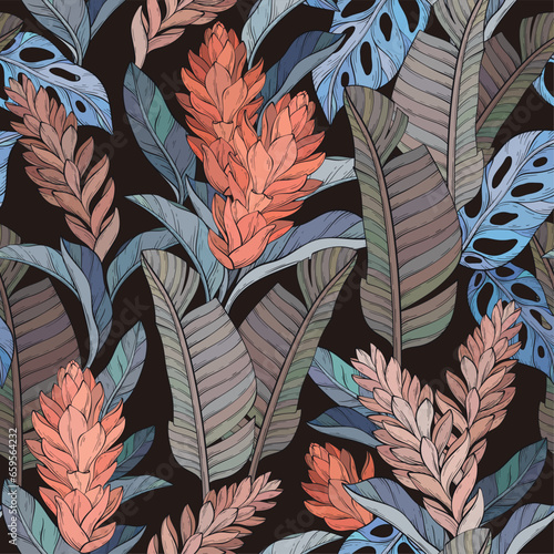 pattern with ginger flower and tropical plants