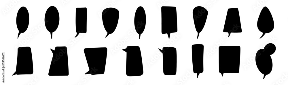 Large set of black vertical speech baubles. Black shapes on white background. Thoughts, chat, speech, speak. - obrazy, fototapety, plakaty 