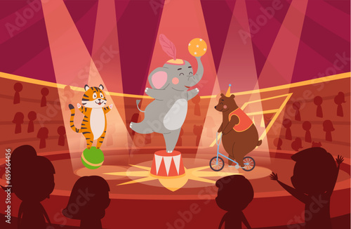 Tiger on ball, bear on bicycle, elephant holding ball, cartoon circus animals performing on stage vector illustration
