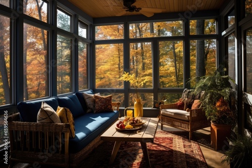 a screened in porch is being used for the fall season Generative AI © SKIMP Art
