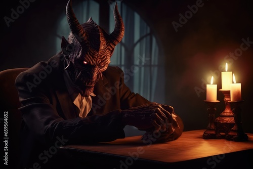 A devil or demon with a gashligt: concept for gaslighting, manipulation, narcistic abuse