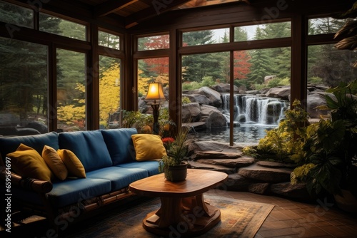 a sun room with some blue furniture and a waterfall on it Generative AI © SKIMP Art