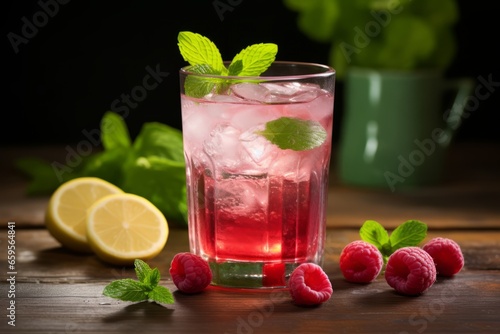 A refreshing glass of Raspberry Iced Tea garnished with fresh raspberries and mint leaves, placed on a rustic wooden table in the soft afternoon sunlight