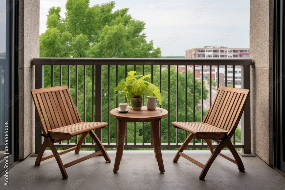 a condo balcony with coffee table and two chairs