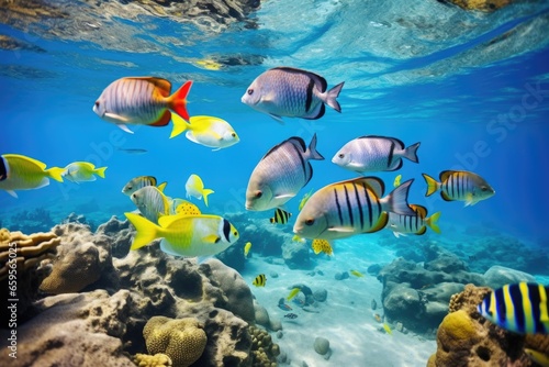 a group of colorful fish swimming together in clear water