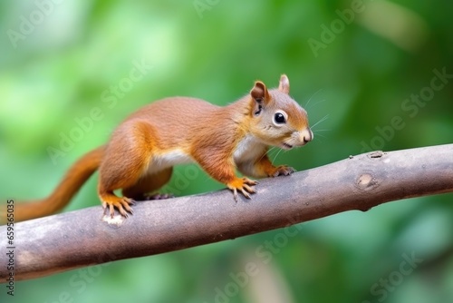a playful squirrel prancing along a tree branch