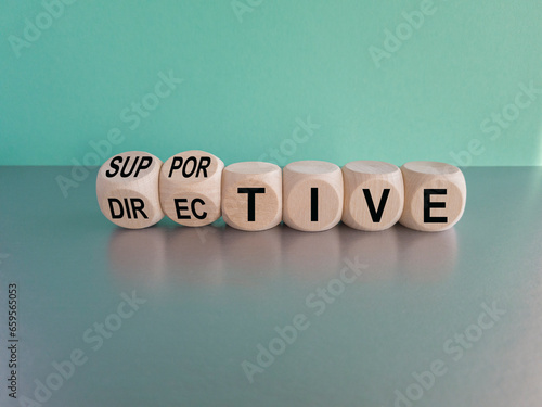 Directive or supportive leadership style symbol. Turned cubes, changes words supportive to directive. Beautiful blue background, copy space. Business, directive or supportive concept.