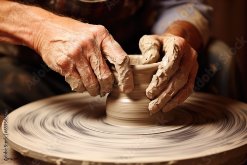 a potters hands shaping a piece of clay on a wheel