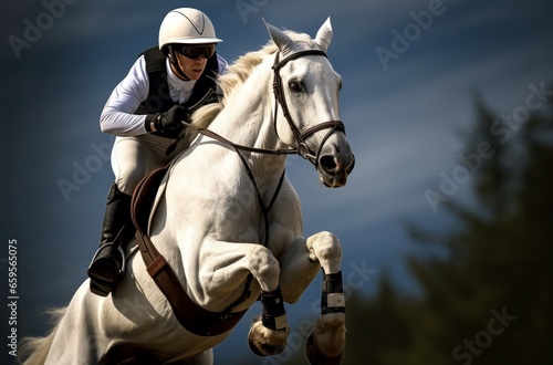 Horse racing closeup jump. Start power. Generate Ai © nsit0108