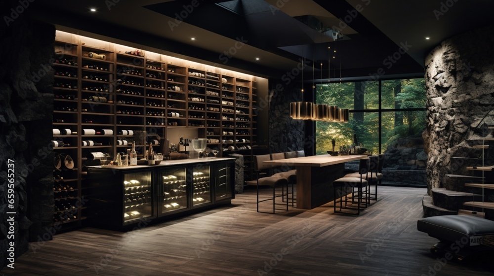 A secluded wine sanctuary complete with a tasting corner and contemporary racks.