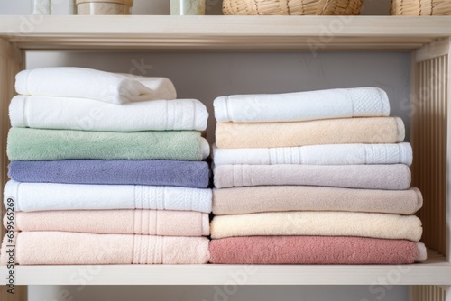 freshly laundered towels stacked neatly on a bathroom shelf © altitudevisual