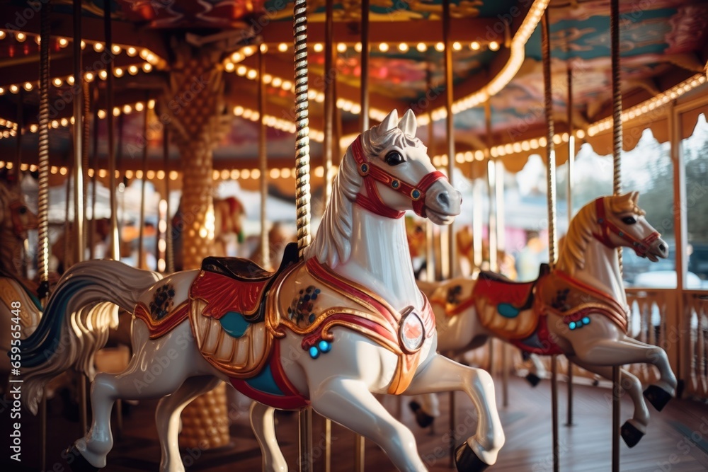 a carousel with wooden horses in amusement park - obrazy, fototapety, plakaty 