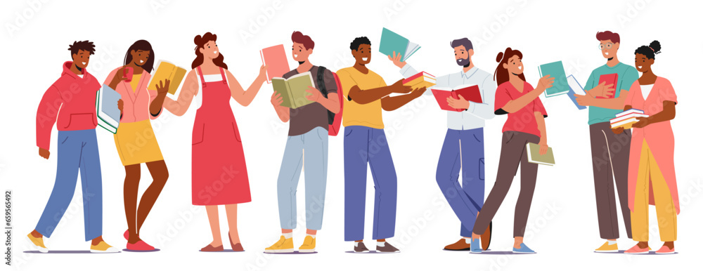 Obraz premium Characters Exchange Books, Heartwarming Scene As Men and Women Swap Stories, Sharing The Joy Of Literature