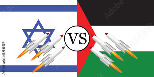 Israel VS Palestine War - Israel and Palestine conflict - Israeli missiles VS Palestinian missiles Concept. The flag of Israel and Palestine with missiles in both directions symbolizes the war photo