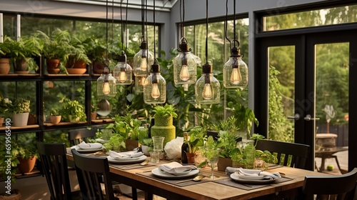 Bring the outdoors in with a greenhouse-inspired dining room adorned with hanging planters.